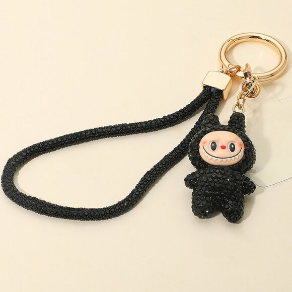 BLACK Bling Studded Monster Bunny Figure Phone Strap Keychain Bag Charm - Picture 1 of 5